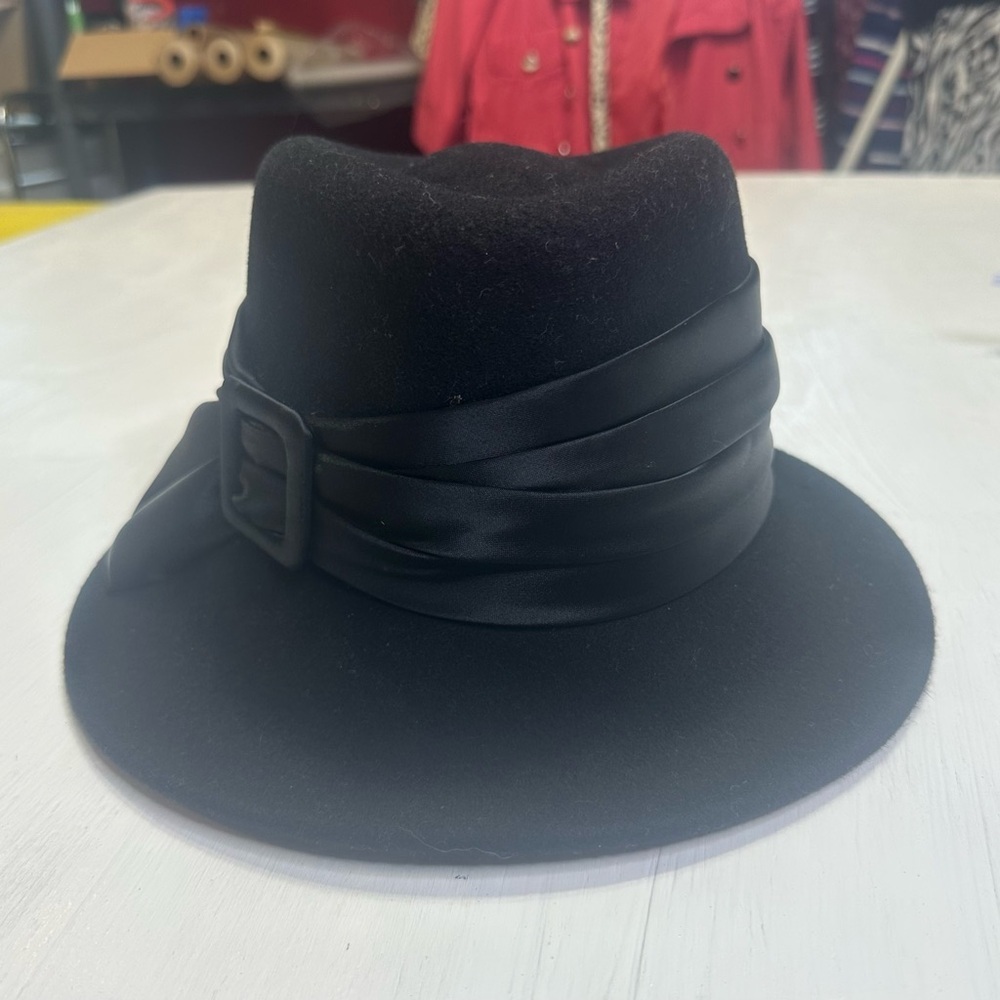 Betmar New York Black Wool Felt Fedora Hat Satin Band Buckle Unisex L - Picture 3 of 11